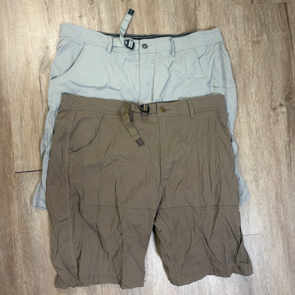 Lot of 2 Prana Stretch Zion Shorts Mens 40x10L Belted Brown Gray Climbing Hiking